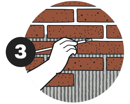 Illustration einer Mauerwerksreparatur mit Pinsel und Fugenmörtel, Schritt 3