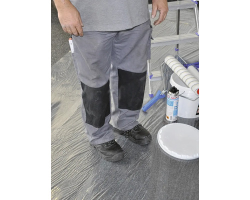 Handwerker mit Arbeitshose, Farbeimer, Farbroller und Leiter