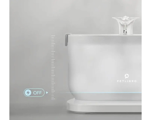 Petlibro Logo auf einem Haustierbrunnen mit Füllstandsanzeige und Aus-Schalter