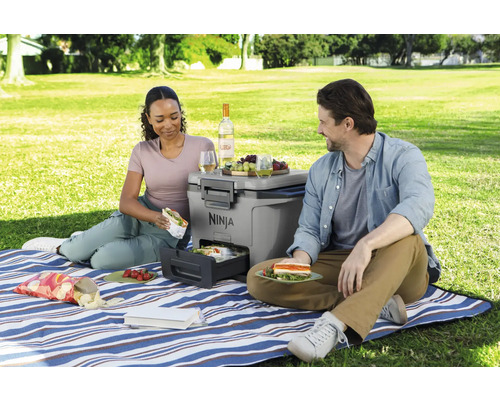 Ein Paar genießt ein Picknick mit einem tragbaren Ninja-Grill, Speisen und Getränken auf einer blau-weiß gestreiften Decke im Freien.