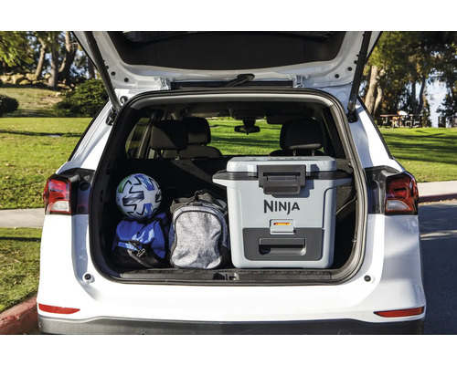 Das Bild zeigt den Kofferraum eines Autos, der mit einer Kühlbox, einer Sporttasche und einem Fußball beladen ist.