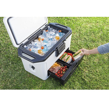 Tragbare Kühlbox mit Eis, Getränken und herausziehbaren Schubladen für Lebensmittel auf Gras.