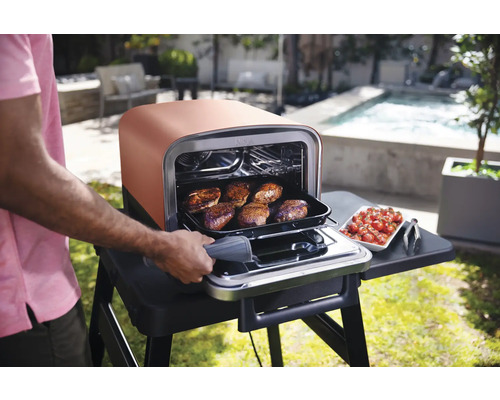 Außenküche mit Ofen und Speisen im Garten.
