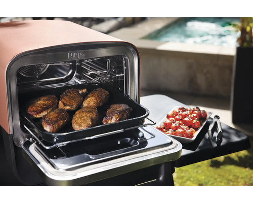 Ninja Grill mit Steaks und Tomaten im Außenbereich.