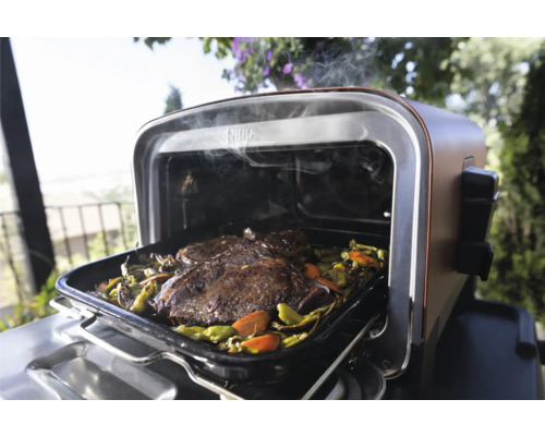 Ninja Heißluftofen mit Fleisch und Gemüse auf einem Backblech
