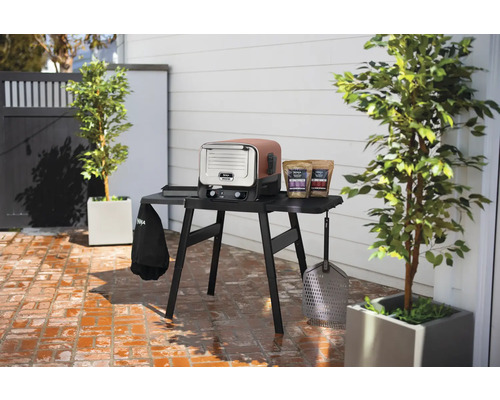 Szene im Freien mit einem Ninja Woodfire Elektrogrill und Zubehör auf einem Tisch.