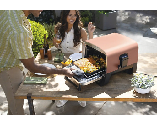 Szene im Freien mit einem kleinen Ofen, in dem Fisch und Gemüse zubereitet werden, während eine Frau an einem Tisch sitzt.