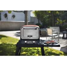 Ninja Woodfire Elektrogrill mit einem Gericht auf dem Seitentisch im Garten.