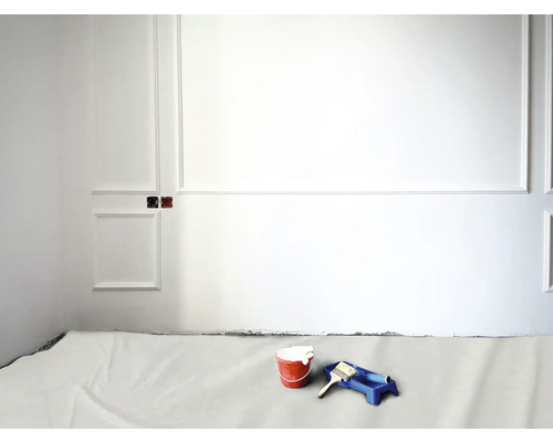 Wandrenovierung mit Farbeimer, Farbroller und Abdeckplane