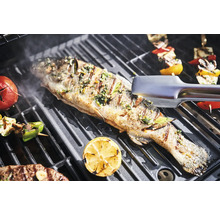 Gegrillter Fisch mit Gemüse auf einem Grillrost.