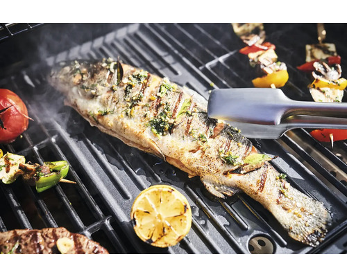 Gegrillter Fisch mit Gemüse auf einem Grillrost.