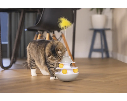 Katze spielt mit interaktivem Spielzeugturm mit Ball und Feder