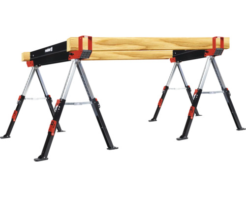 Zwei höhenverstellbare Werkbänke mit einem Holzbrett darauf