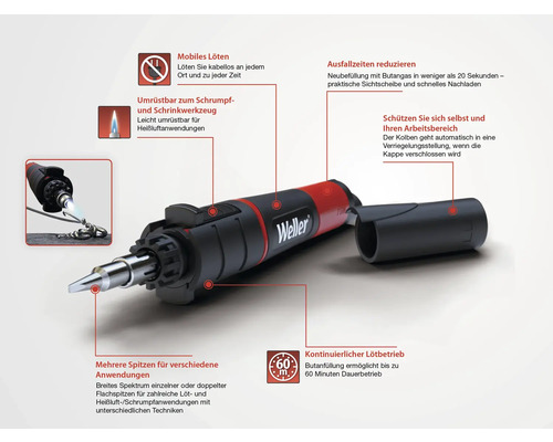 Lötgerät mit verschiedenen Aufsätzen und dem Weller Logo