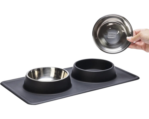 Edelstahl Futternäpfe Für Hunde & Katzen - Doppelt, Mit Rutschfester Silikonmatte, Set (S, 170 G, Schwarz)