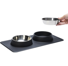 Doppelnapf Karlie Dinnerset Dex Silikonnapfständer schwarz ca. 44 x 23 x 4,5 cm mit 2 Edelstahlnäpfen, spülmaschinenfest, je 350 ml