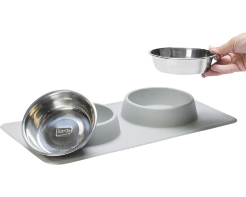 Doppelter Hundenapf mit Edelstahlnäpfen und Karlie Logo