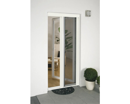 Fliegengittertür mit Insektenschutzrollo im Türrahmen