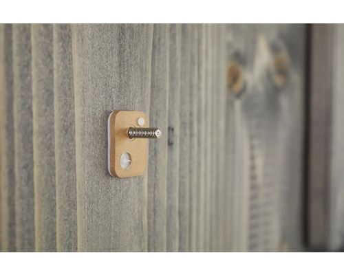 Nahaufnahme einer Schraube mit Halterung an einer Holzwand