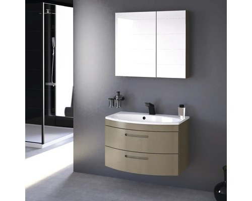 Badezimmer mit Waschbeckenunterschrank, Waschbecken und Spiegelschrank