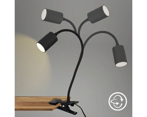 Schwarze Klemmleuchte mit flexiblem Hals und Drehsymbol.