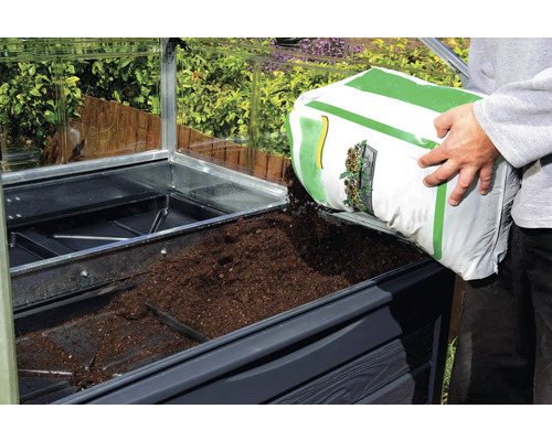 Ein Mann füllt Erde in ein Hochbeet im Gewächshaus.