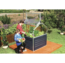 Hochbeet mit Aufsatz und zwei Personen bei der Ernte von Gemüse im Garten.