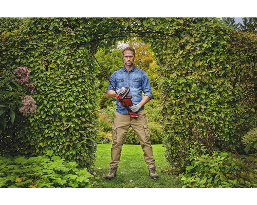 Ein Mann steht in einem Gartenbogen und hält eine Akku-Heckenschere.