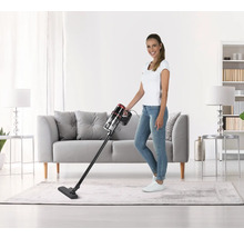 Frau saugt mit einem Akku Staubsauger den Teppich in einem Wohnzimmer.