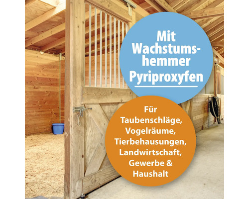Innenraum eines Holzstalls mit Hinweis auf einen Wachstumshemmer Pyriproxyfen und Eignung für Taubenschläge, Vogelräume, Tierbehausungen, Landwirtschaft, Gewerbe und Haushalt