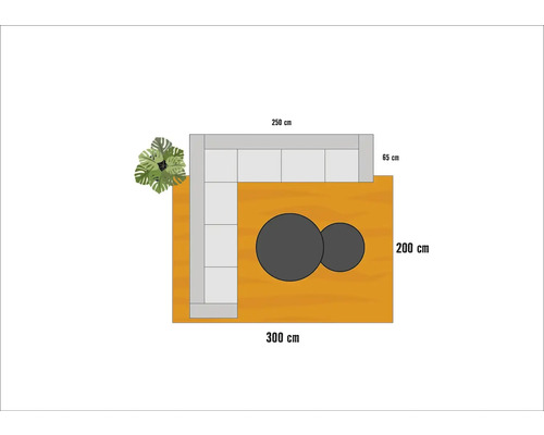 Raumplan mit Ecksofa, Couchtischen und Pflanze mit Maßangaben