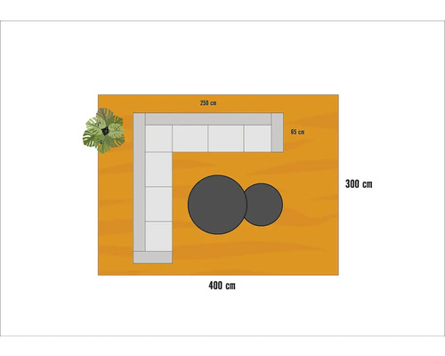 "Draufsicht einer Gartenszene mit Ecksofa, zwei runden Tischen und einer Pflanze