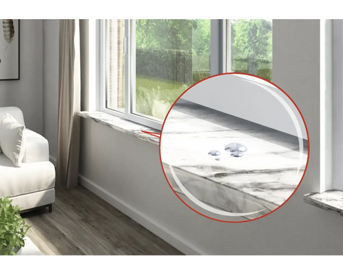 Fensterbank mit Marmorstruktur und Wassertropfen für Feuchtigkeitsbeständigkeit