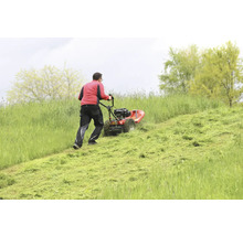 Mann mäht mit einer roten Wiesenfräse einen Hang mit hohem Gras