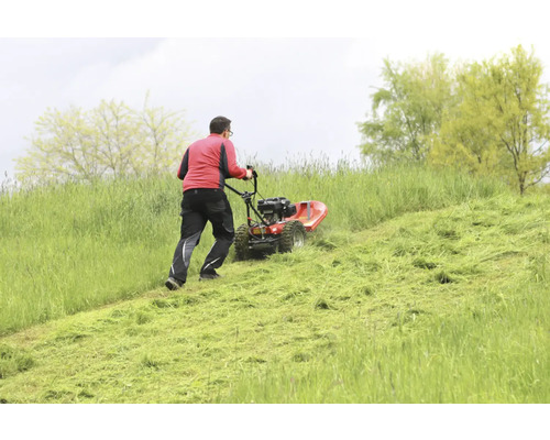 Mann mäht mit einer roten Wiesenfräse einen Hang mit hohem Gras