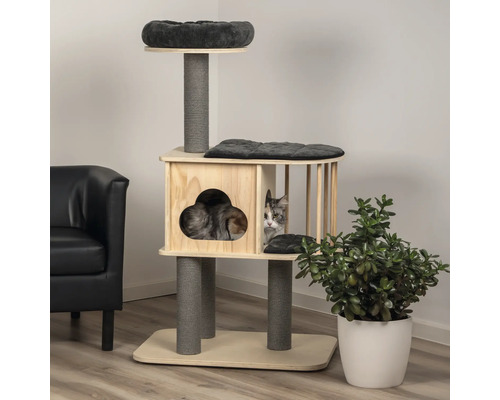 Katzenkratzbaum aus Holz mit Liegeflächen und Katzenhaus