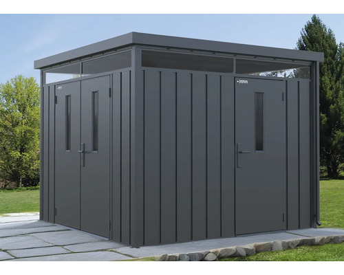 Geräumiger Geräteschuppen aus Metall mit Doppeltür und Fenster