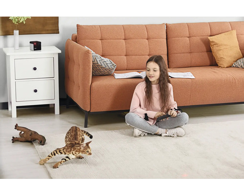 Wohnzimmer-Szene mit Mädchen, Sofa, Nachttisch und verspielter Katze