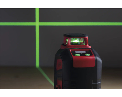 Roter und schwarzer Rotationslaser projiziert grüne Laserlinien.