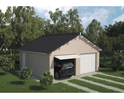 Doppelgarage mit Auto und Gartengestaltung