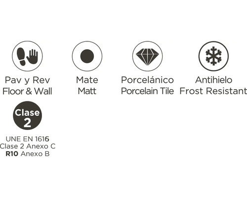 Symbol für Boden- und Wandfliese, matt, Porzellanfliese, Frostbeständigkeit und Klasse 2 nach UNE EN 1616