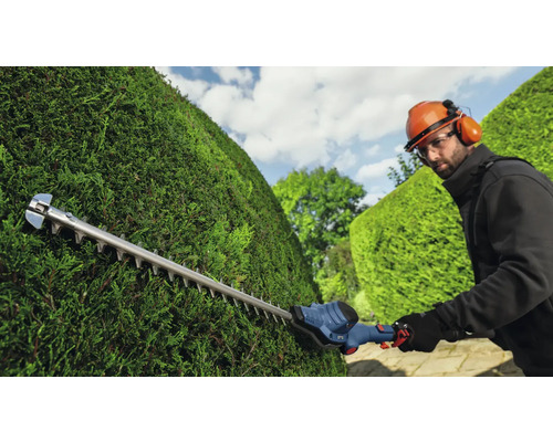 Eine Person schneidet eine Hecke mit einer Heckenschere.