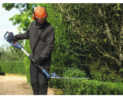 Eine Person schneidet eine Hecke mit einer Akku-Teleskop-Heckenschere von Bosch.