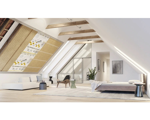 Heller Dachbodenraum mit Dachdämmung und Isover Logo