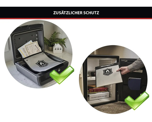 Feuerfeste Dokumententasche als zusätzlicher Schutz für Dokumente in einem Tresor oder einer Dokumentenbox.