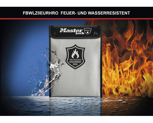Master Lock feuer- und wasserfeste Dokumententasche zum Schutz von wichtigen Unterlagen vor Feuer und Wasser, Master Lock Logo.