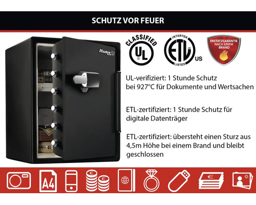Master Lock Tresor, Feuer- und Sturzschutz, 1 Stunde bei 927 Grad Celsius, sturzfest aus 4,5 Metern, UL- und ETL-zertifiziert.