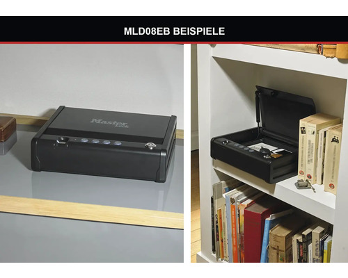 Master Lock Safe zur Aufbewahrung von Wertsachen auf einem Regal und auf einem Tisch