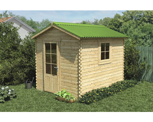 Holzgartenhaus mit Tür und Fenster im Garten