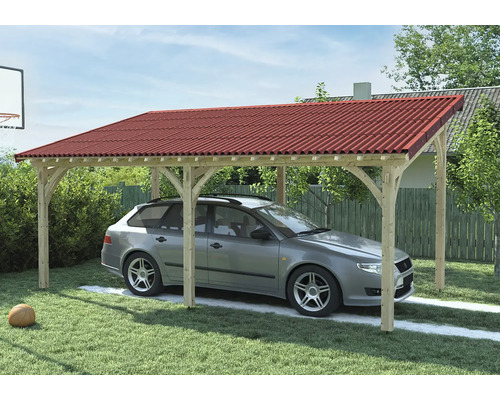 Ein Carport mit rotem Dach schützt ein Auto vor Witterungseinflüssen.